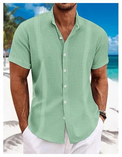 Hombre Camisa Guayabera de lino Abotonar la verano playa Negro Blanco Azul Piscina Manga Corta Plano Cuello Casual Diario Ropa lightinthebox 