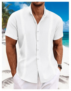 Hombre Camisa Guayabera de lino Abotonar la verano playa Negro Blanco Azul Piscina Manga Corta Plano Cuello Casual Diario Ropa lightinthebox