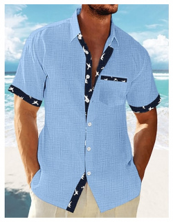 Hombre camisa de lino verano playa Blanco Azul Piscina Verde Trébol Manga Corta A Rayas Diseño Primavera Hawaiano Festivos Ropa Básico lightinthebox 