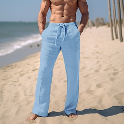 Hombre Pantalones de lino verano playa Correa Cintura elástica Pierna recta Plano Comodidad Transpirable Casual Diario Festivos Mezcla / Algodón Moda lightinthebox