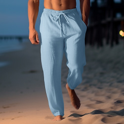 Hombre Pantalones de lino verano playa Correa Cintura elástica Pierna recta Plano Comodidad Transpirable Casual Diario Festivos Moda Estilo clásico Caqui Claro lightinthebox 