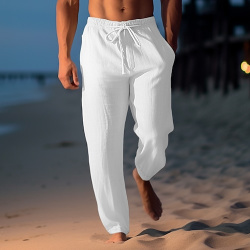 Hombre Pantalones de lino verano playa Correa Cintura elástica Pierna recta Plano Comodidad Transpirable Casual Diario Festivos Moda Estilo clásico Caqui Claro lightinthebox