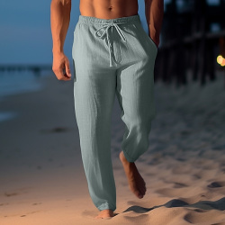 Hombre Pantalones de lino verano playa Correa Cintura elástica Pierna recta Plano Comodidad Transpirable Casual Diario Festivos Moda Estilo clásico Caqui Claro lightinthebox