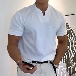 Hombre Camiseta superior Plano Escote en Pico Vacaciones Noche Manga Corta Botón Bolsillo delantero Ropa Moda Design Básico lightinthebox 