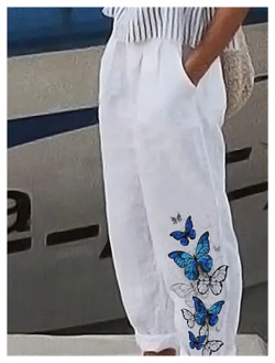 Mujer Pantalones de lino anchos Mezcla Algodón Bolsillos laterales Holgado Estampado Longitud total Blanco Verano lightinthebox