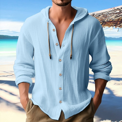 Hombre Camisa de lino playa con capucha Negro Blanco Azul Piscina Manga Larga Plano Primavera verano Casual Diario Ropa Botón lightinthebox 