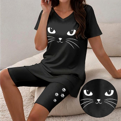 Mujer Camiseta Conjuntos de pantalones cortos Gato Estampado Casual Diario Moda Manga Corta Escote en Pico Negro Verano lightinthebox 