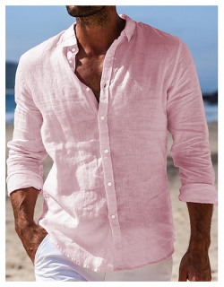 Hombre Camisa de lino Abotonar la verano playa Negro Blanco Rosa Manga Larga Plano Cuello Vuelto Primavera Casual Diario Ropa lightinthebox 