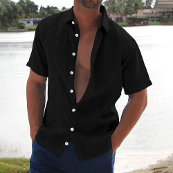 Hombre camisa de lino verano playa Negro Blanco Azul Piscina Manga Corta Color sólido Cuello Vuelto Hawaiano Festivos Ropa Abotonar lightinthebox