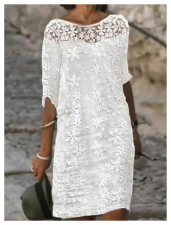 Mujer Vestido de lino algodón cambio Midi Encaje en contraste Bordado Elegante Diario Cuello Barco Media Manga Verano Primavera Blanco lightinthebox 