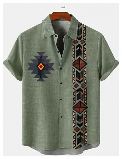 camisa étnica para hombre vacaciones casual tribal verano primavera cuello alto manga corta verde  caqui beige 18 6% lino 63 2% poliéster fibra de celulosa lightinthebox