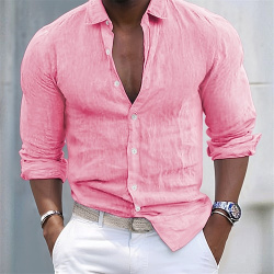 Hombre Camisa de lino algodón blanca verano playa Negro Blanco Rosa Manga Larga Plano Cuello Vuelto Primavera & Otoño Hawaiano Festivos lightinthebox 