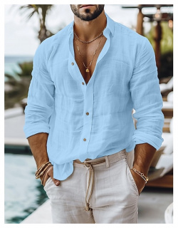 Hombre Camisa de lino Guayabera Abotonar la verano playa Negro Blanco Rosa Manga Larga Plano Cuello Primavera Casual Diario Ropa lightinthebox 