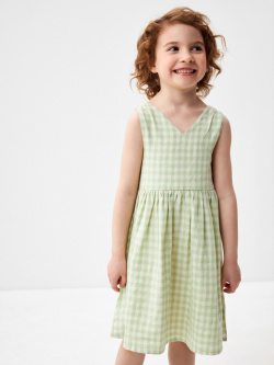 Платье из смесового льна для девочек Короткое в клетку с фигурным вырезом