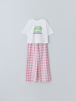 Пижама с брюками в клетку для девочек из футболки и брюк