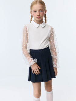 Нарядная трикотажная блузка для девочек Белая с рукавами из сетки в