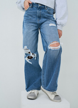 Широкие джинсы с разрывами для девочек  Голубой O`Stin GP4659O02 D5