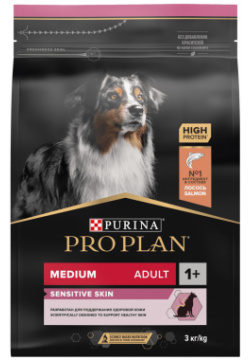Корм Purina Pro Plan для взрослых собак средних пород с чувствительной кожей  высоким содержанием лосося (3 кг)