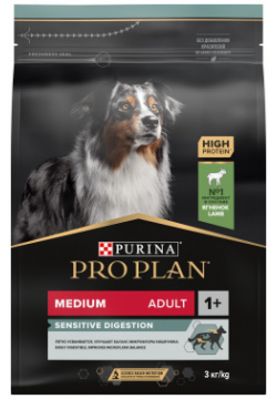 Корм Purina Pro Plan для взрослых собак средних пород с чувствительным пищеварением  высоким содержанием ягненка (14 кг)
