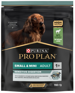 Корм Purina Pro Plan для взрослых собак мелких и карликовых пород с чувствительным пищеварением  высоким содержанием ягненка (700 г)