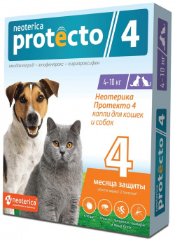 Neoterica Protecto капли от блох и клещей для кошек собак 4 10 кг  2 шт (57 г) К