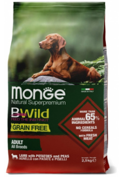 Корм Monge беззерновой для взрослых собак всех пород с ягнёнком  картофелем и горохом (12 кг)